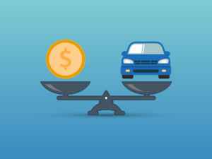 A scale with a coin and a car, representing the question, "Should I Buy or Refinance My Car?"