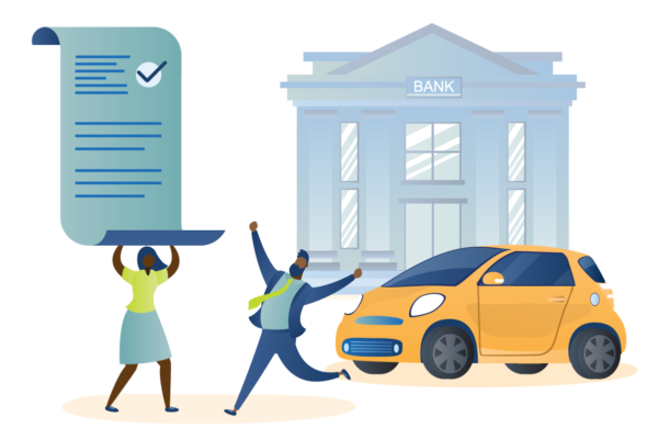 Two people celebrating a good car loan rate because auto loan refinancing positively affected their credit score.
