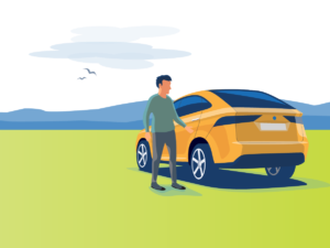 A man entering his new car after learning how car loan interest works.