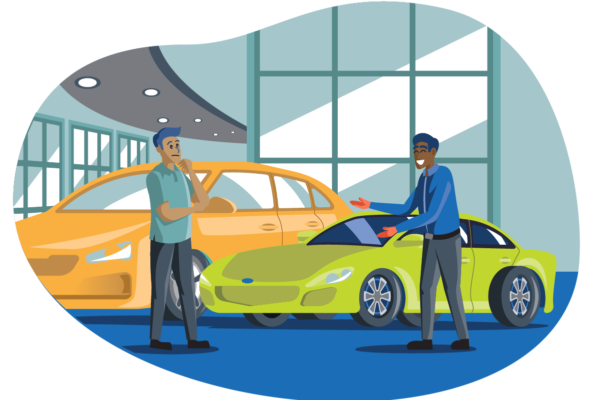 A man talking to a dealer about his car lease buyout